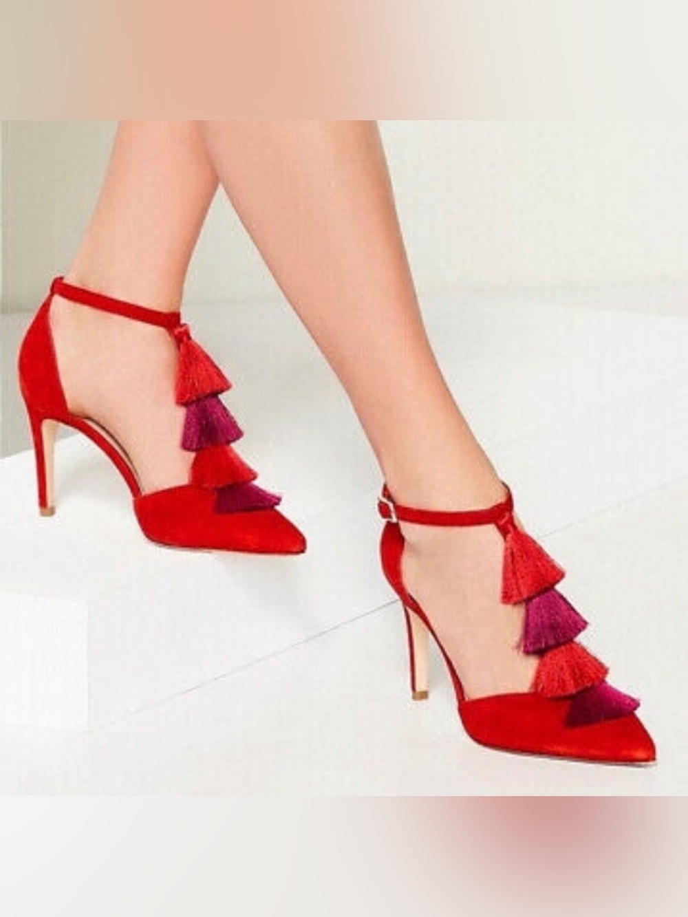 Antonio Melani Camalia Tomato Pure Red Suede Tassel Pointed Slingback Heels 8.5M - Picture 2 of 10